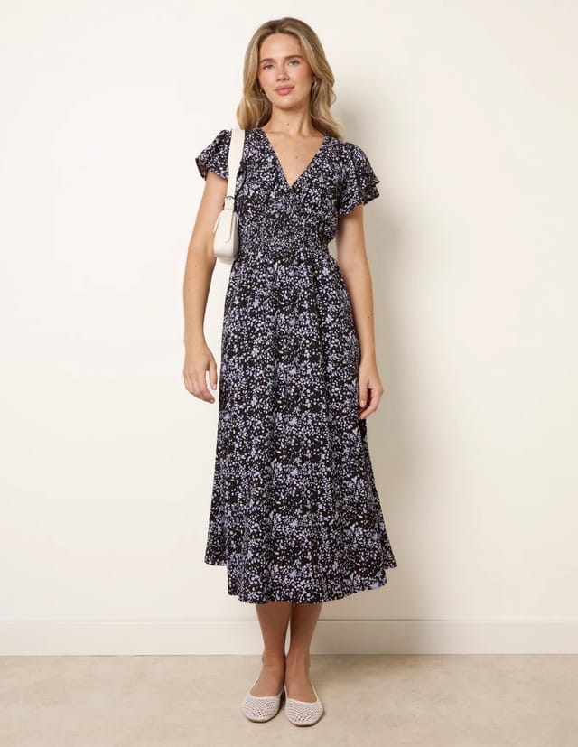Blue Vanilla V Neck Flutter Midi Dress - 2