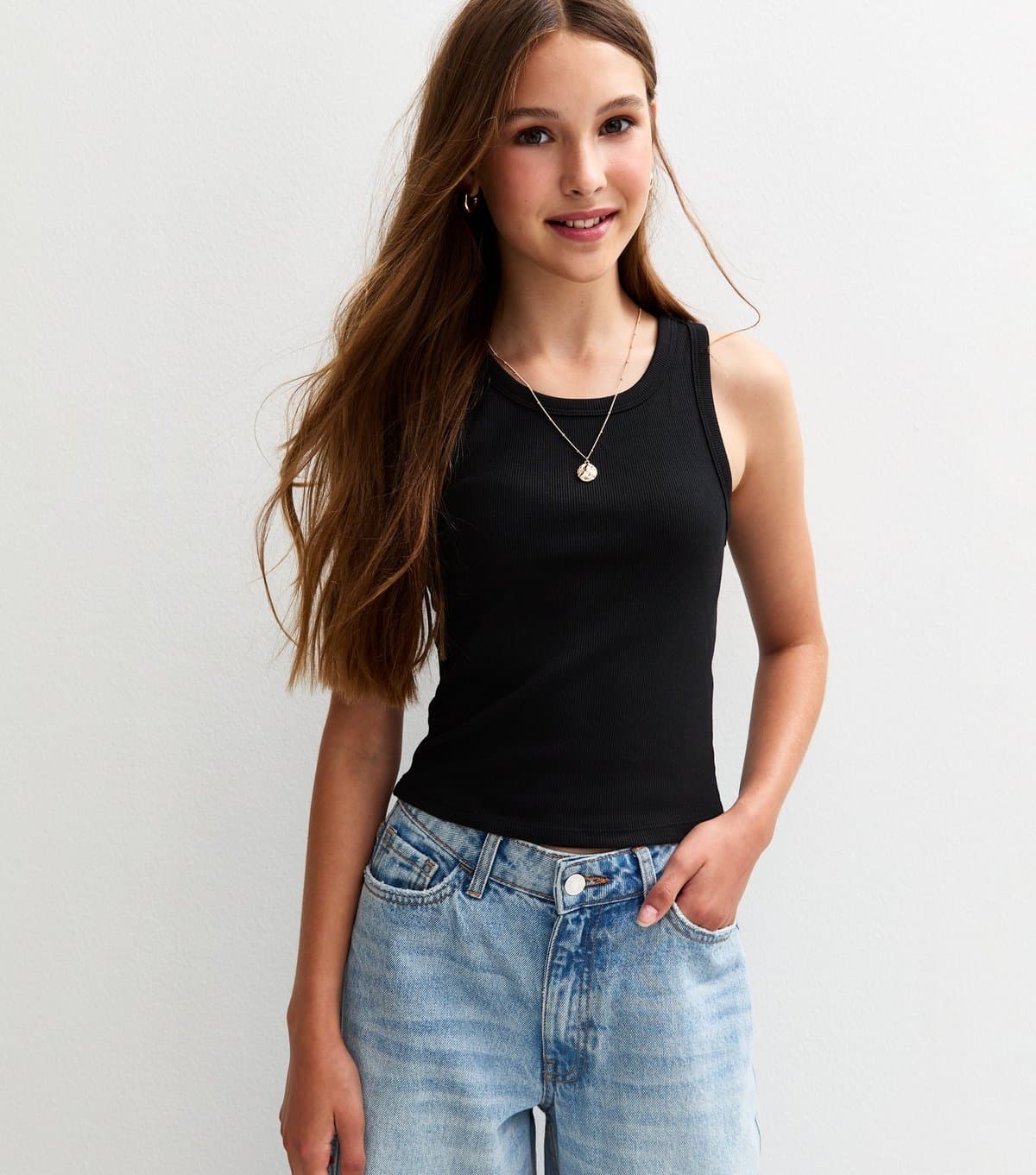 New Look New Look Black Ribbed Racer Back Vest for Girls