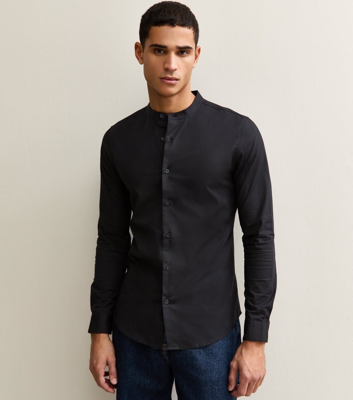 New Look Men's Black Muscle Fit Cotton Poplin Grandad Shirt New Look