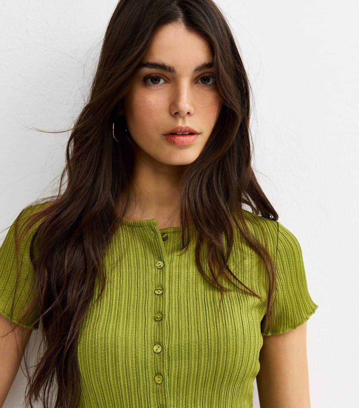 New Look Women's Light Khaki Ribbed Texture Button Front T-Shirt New Look