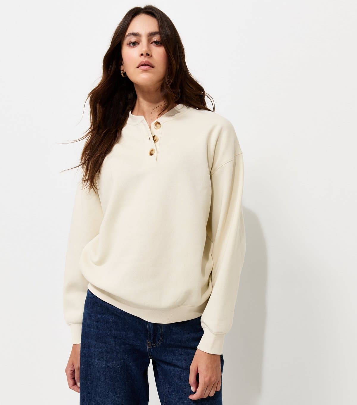 New Look Women's Cream Cotton Rich Henley Collar Sweatshirt New Look
