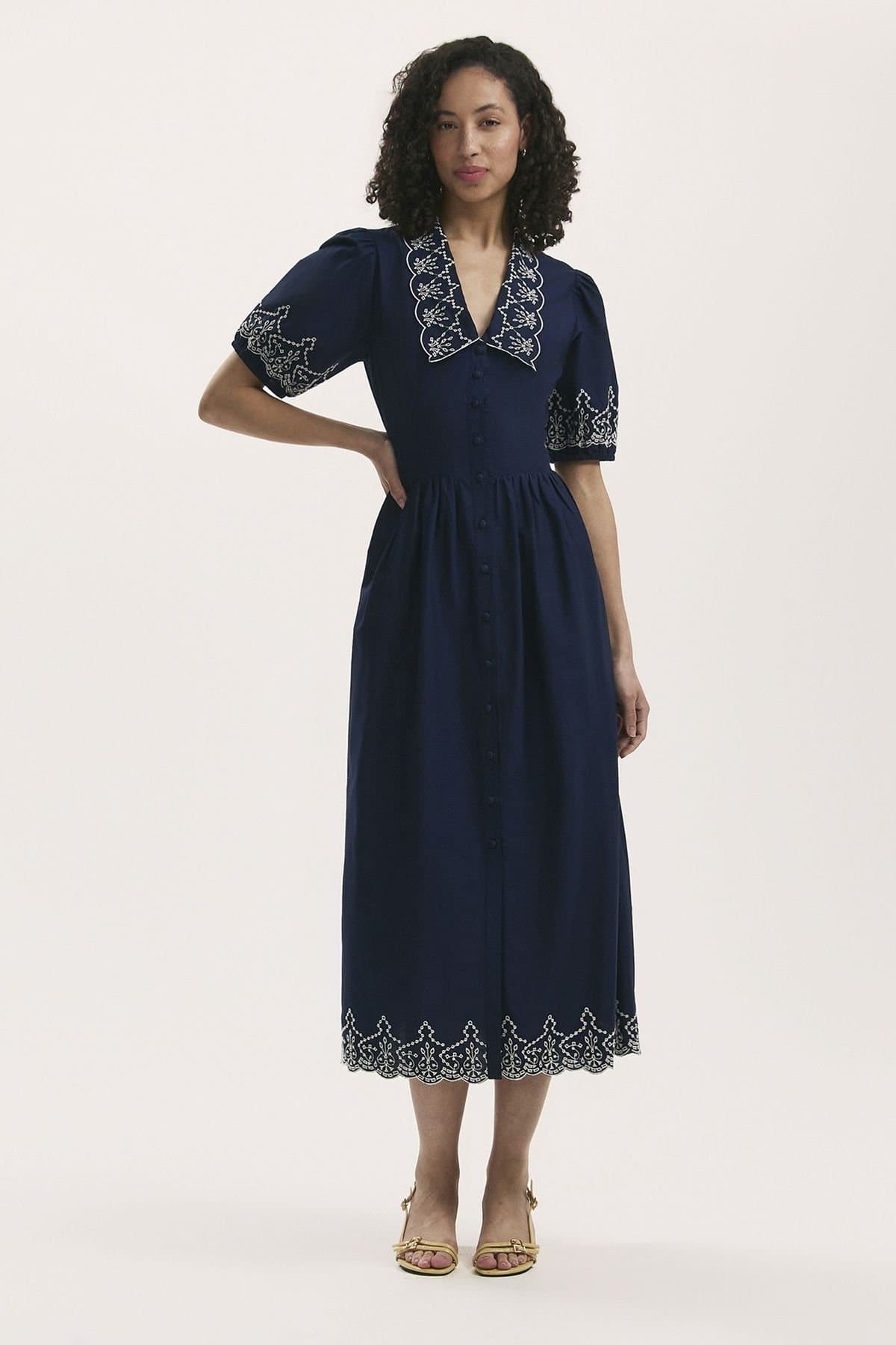 Finery London Finery London Women's Arianna Embroidered Cotton Midi Dress in Dark Navy