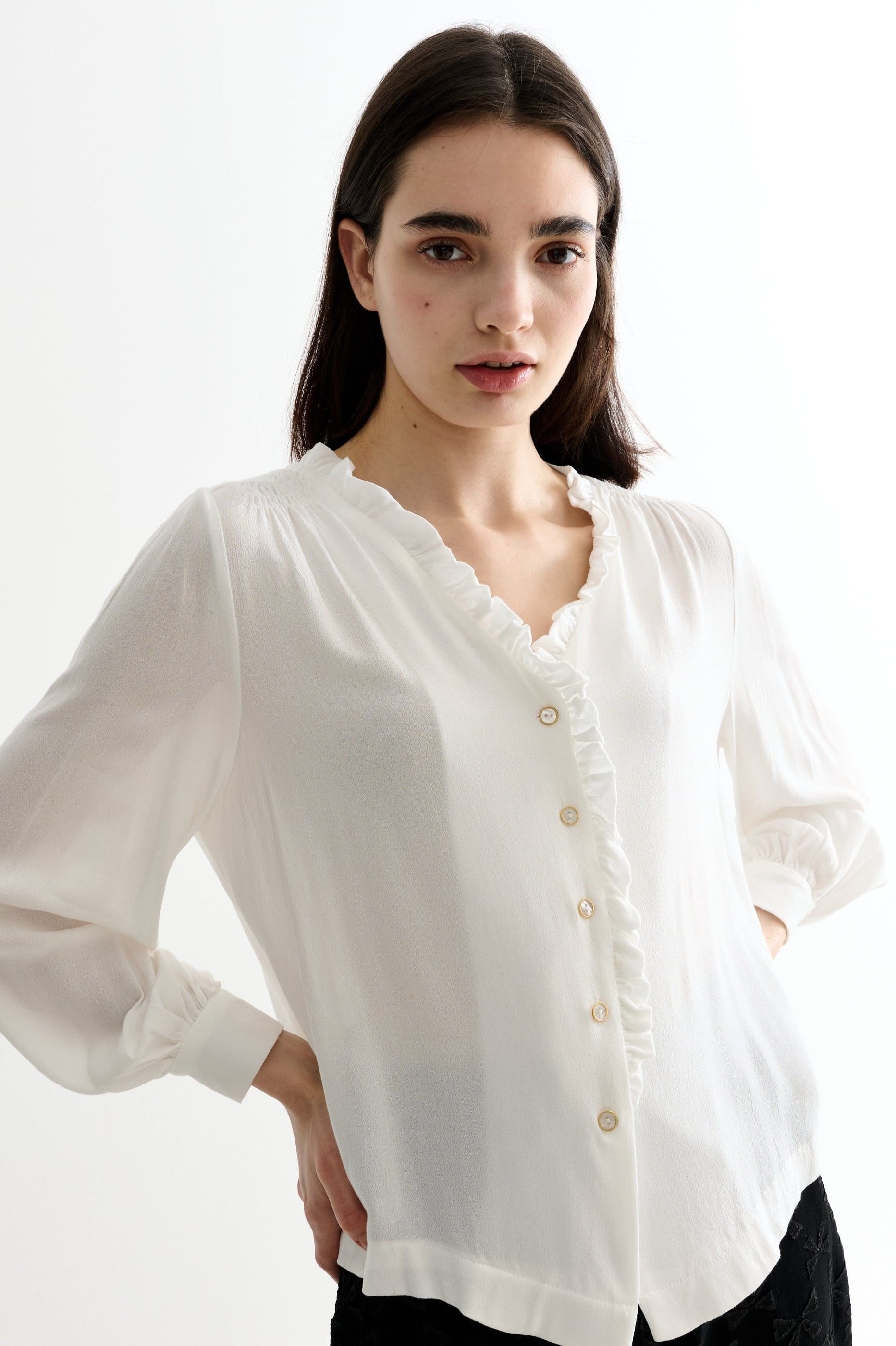 Louche Louche Women's Alegra Moss Crepe Frill V-Neck Blouse - 4
