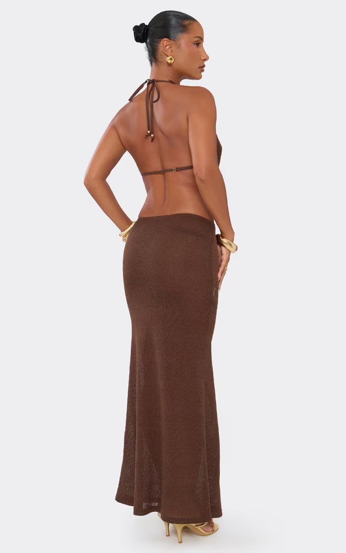 EGO Plunge Halterneck Trim Detail Maxi Dress In Brown Knit, Women's Size UK 6 - 1