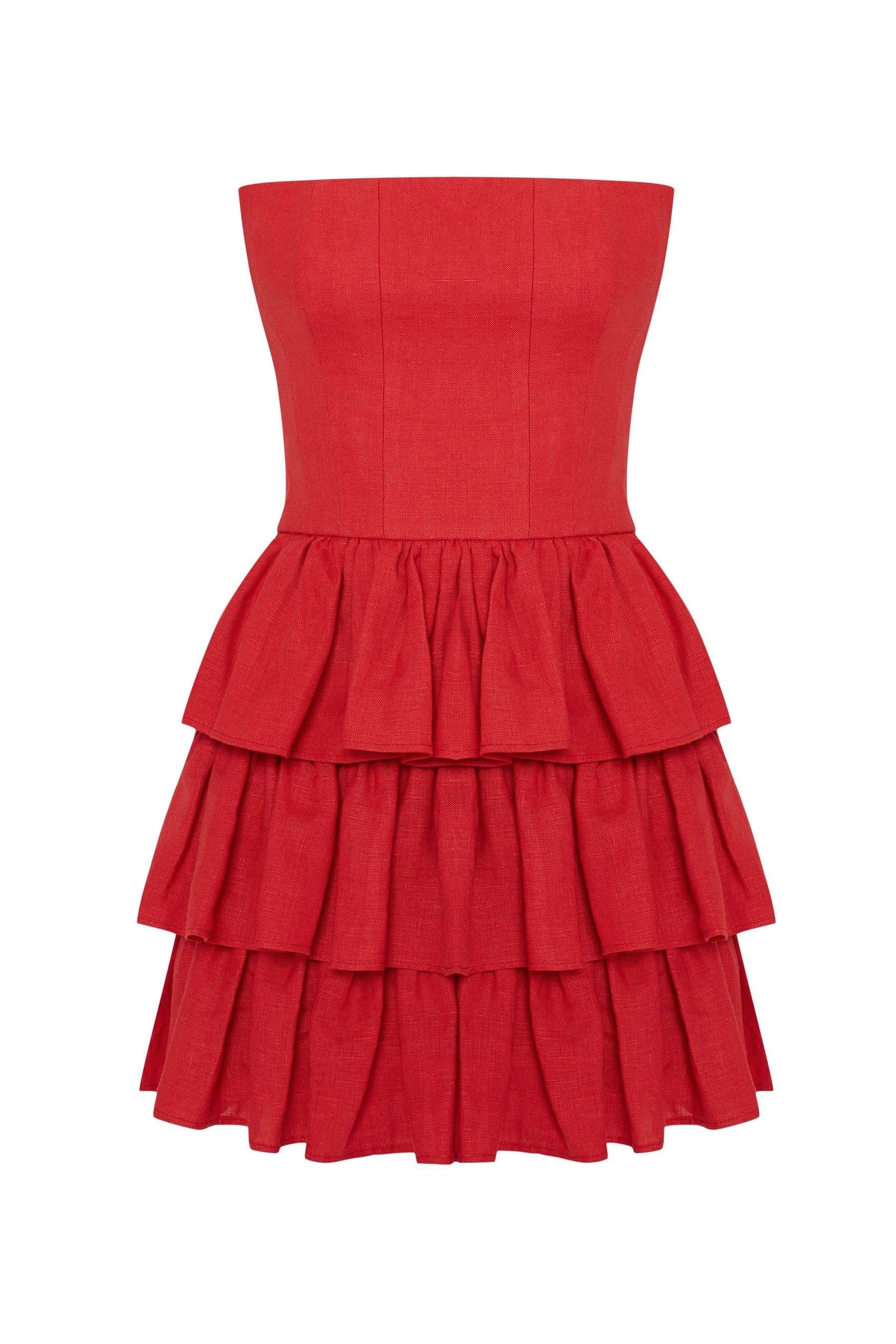 Labeca Labeca Red Linen Strapless Mini Dress