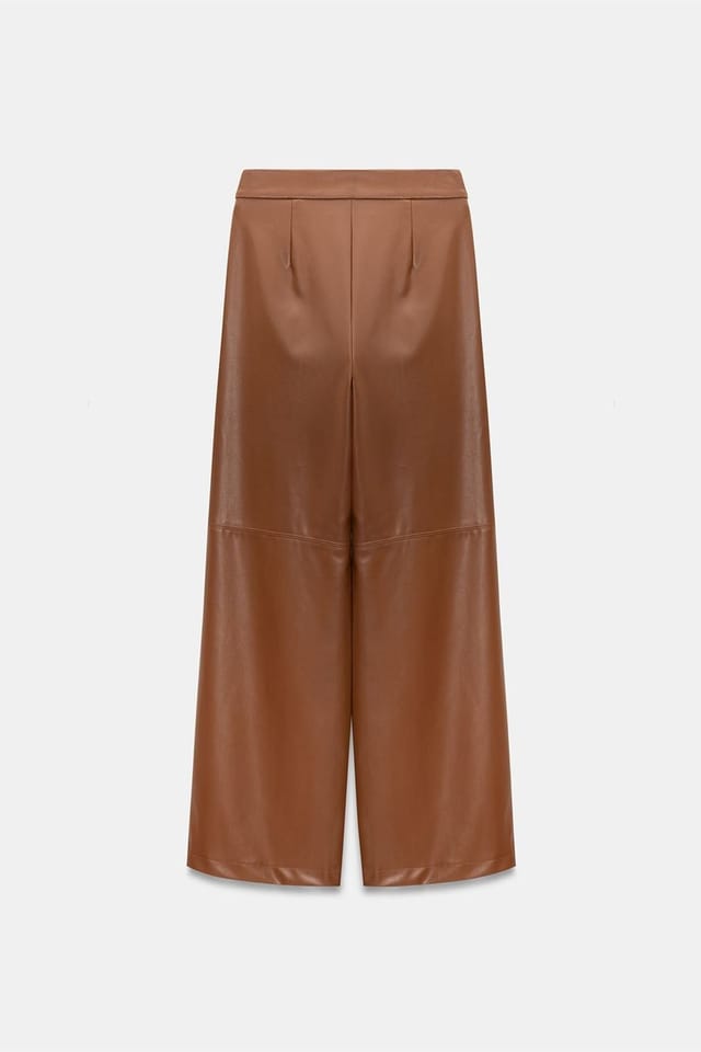 Dilvin Dilvin Women's High-Waist Wide-Leg Faux Leather Trousers in Camel - 2