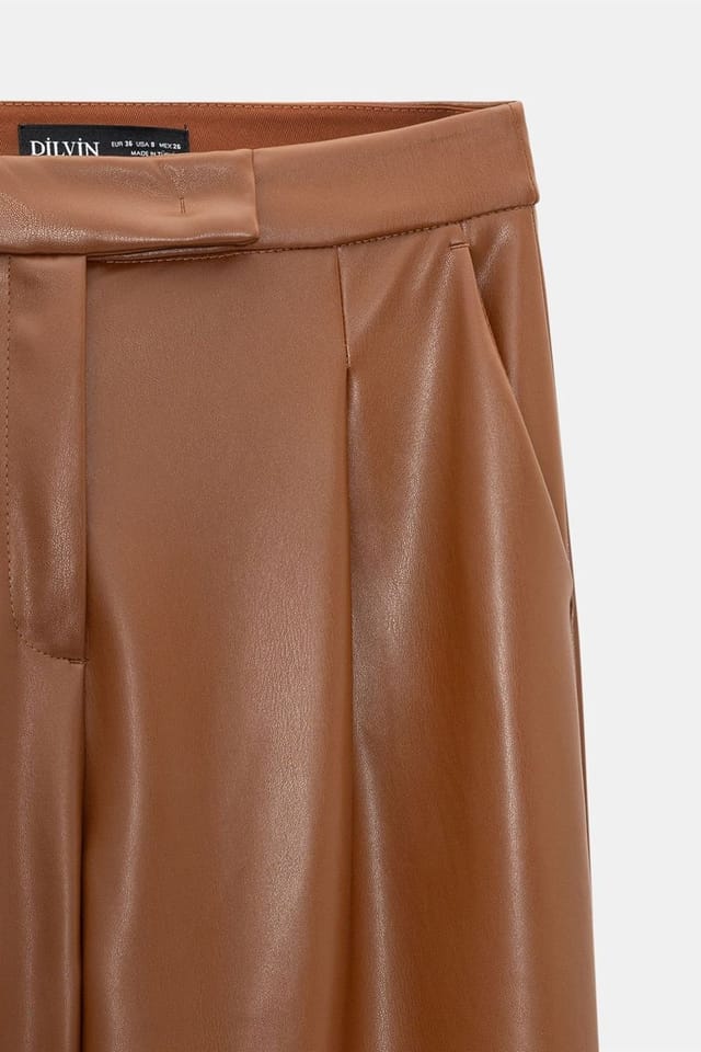Dilvin Dilvin Women's High-Waist Wide-Leg Faux Leather Trousers in Camel - 3