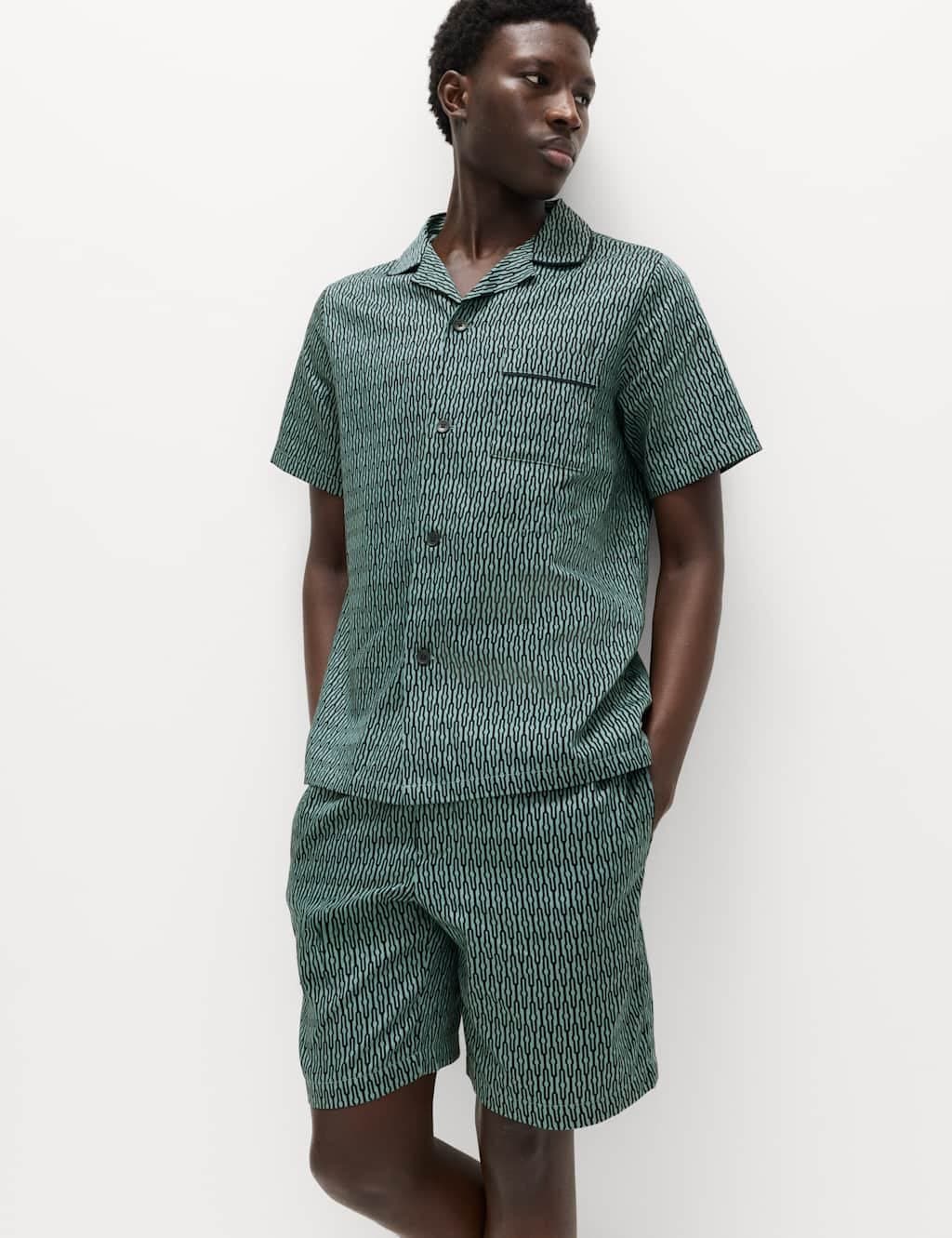 Marks & Spencer M&S Pure Cotton Geometric Print Pyjama Set Teal Mix