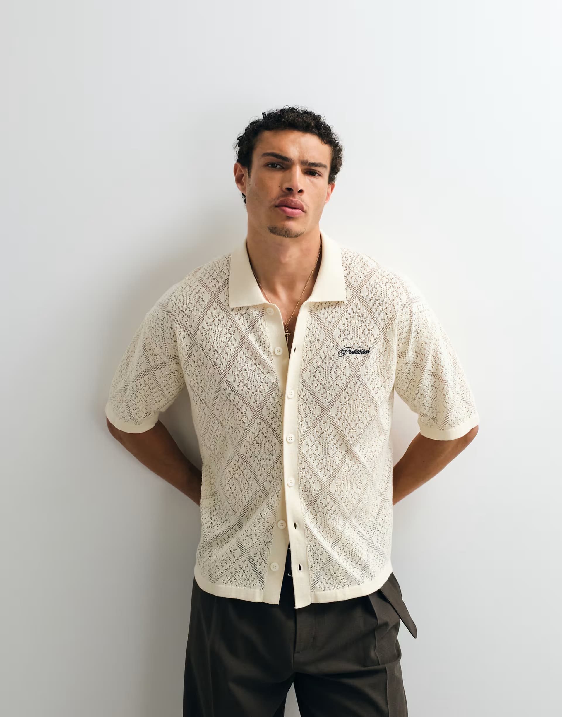 ASOS Prohibited knitted lace shirt in cream