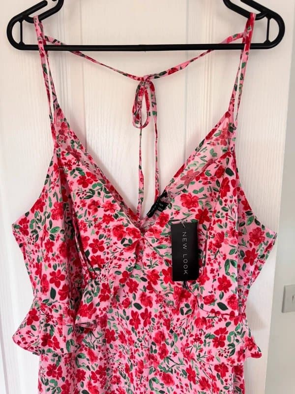 New Look New Look Pink Floral Strappy Midi Dress UK 22 BNWT Ruffle Summer Holiday