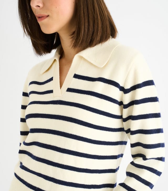 Gini London Women's Cream Striped Collared V-Neck Jumper Gini London New Look - 2