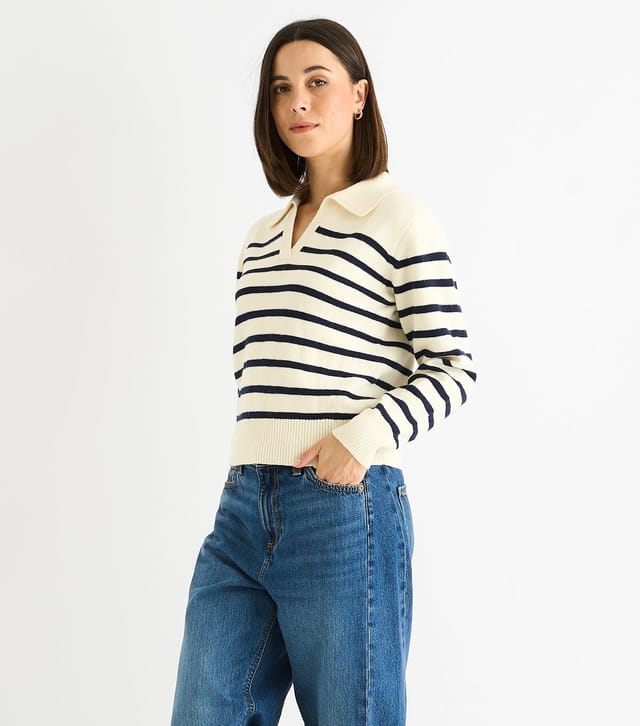 Gini London Women's Cream Striped Collared V-Neck Jumper Gini London New Look - 3