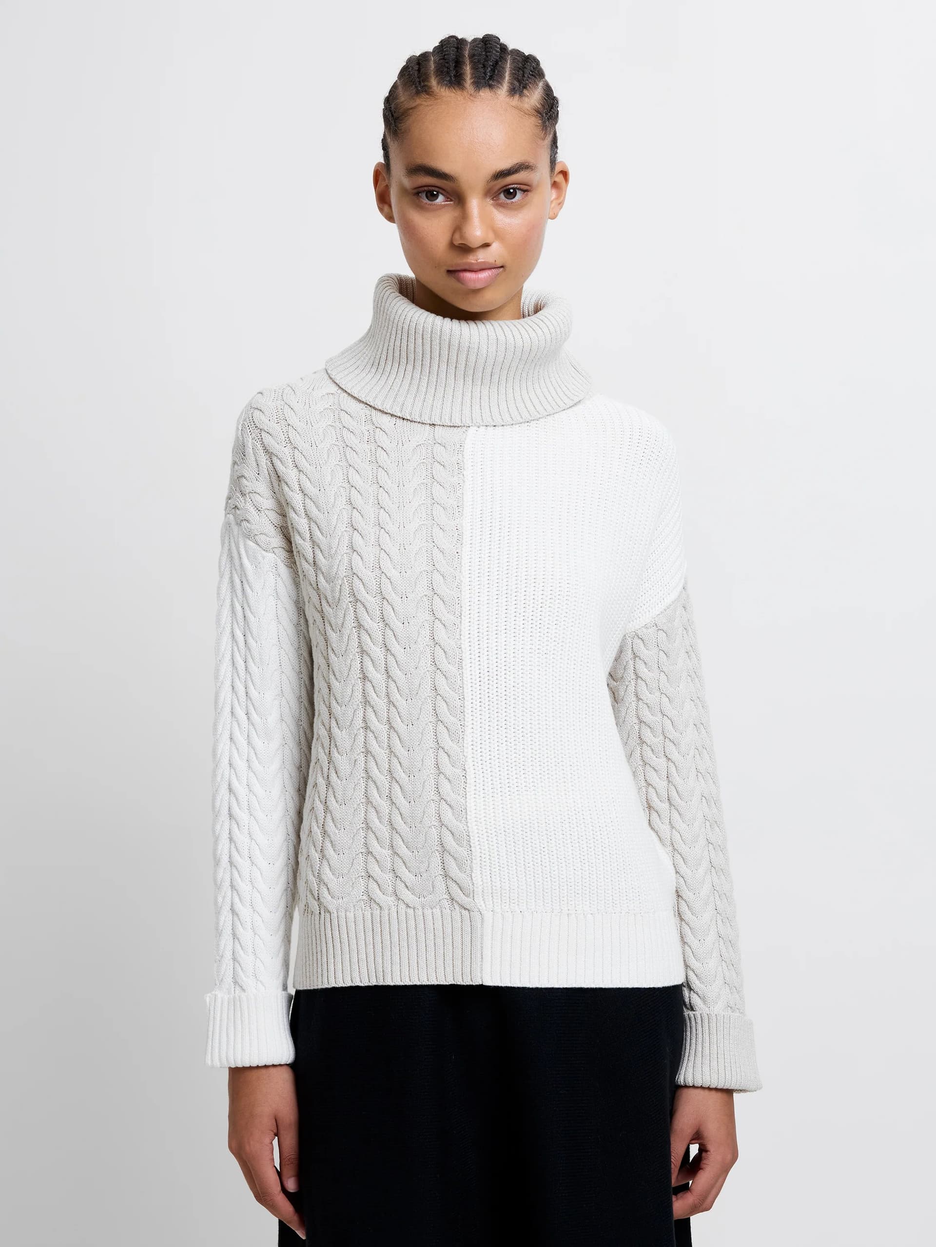 French Connection Mozart Roll Neck Cable Knit Block Jumper Light Oatmeal Mel / Winter White