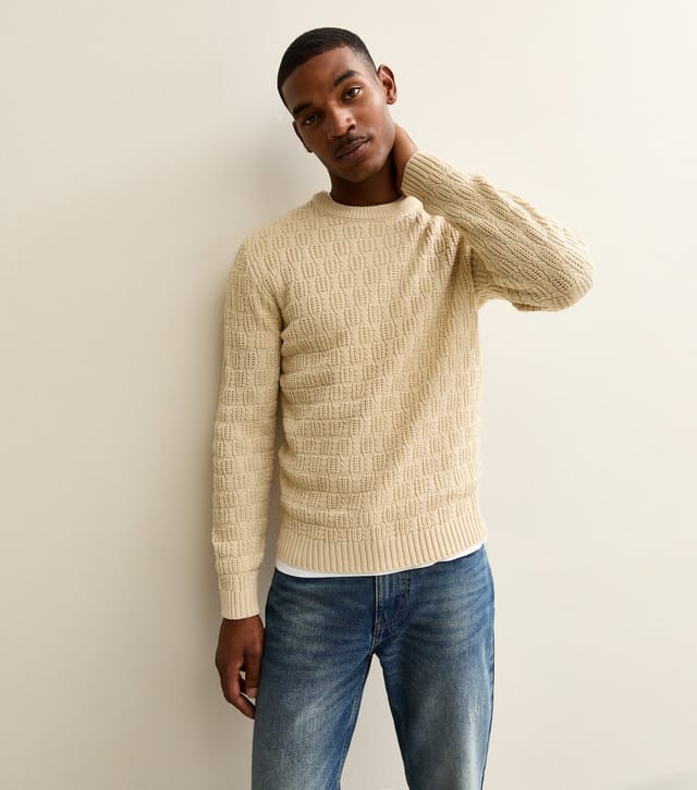 New Look Men's Cream Regular Textured Crew Neck Jumper New Look - 3