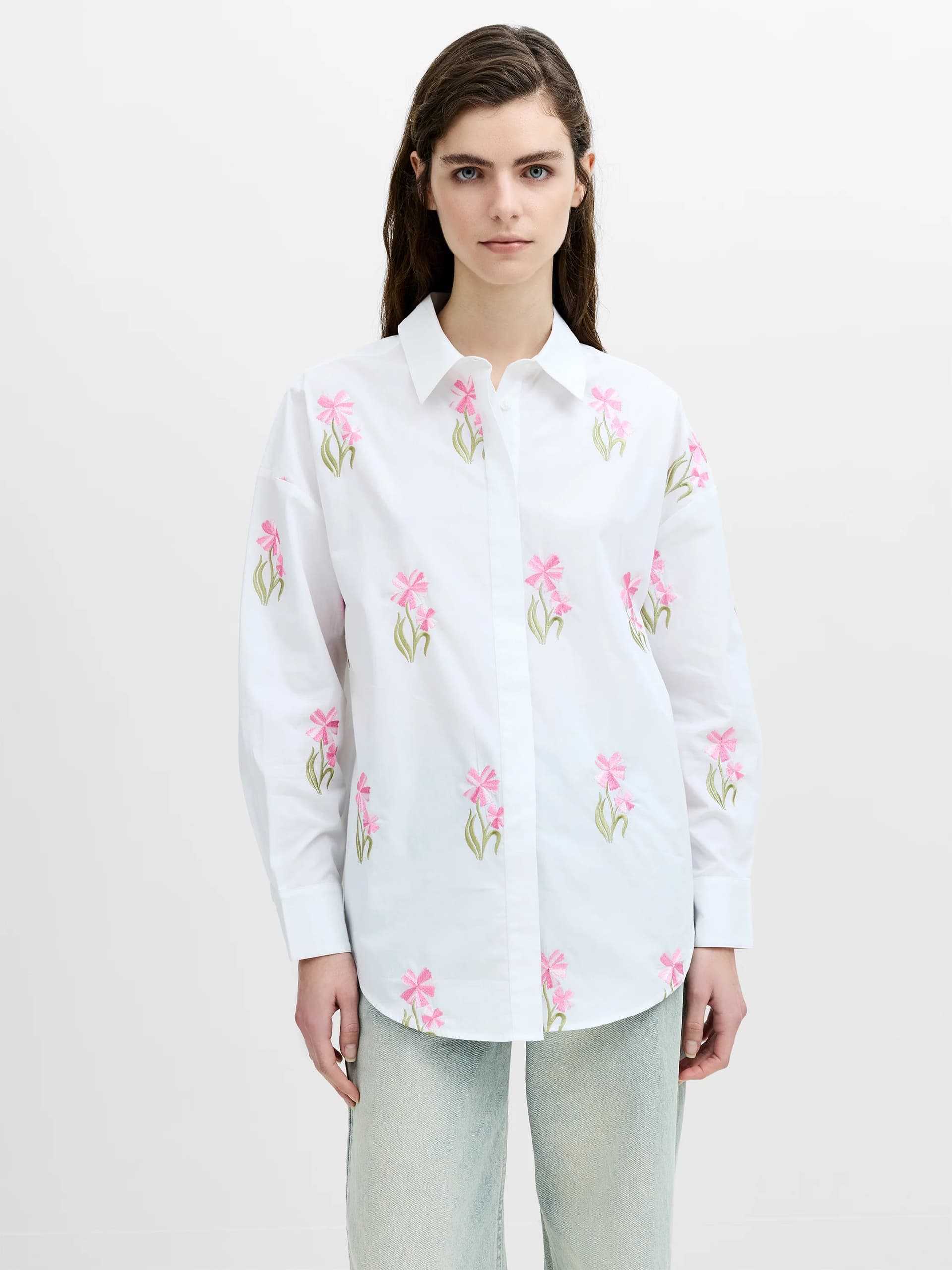 French Connection Cambria Cotton Embroidered Floral White Shirt Linen White/Pink Multicolour
