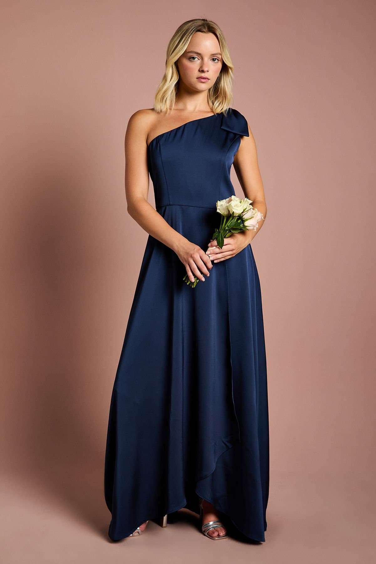Coast Coast Women's Teen One Shoulder Bow Bridesmaid Dress in Navy