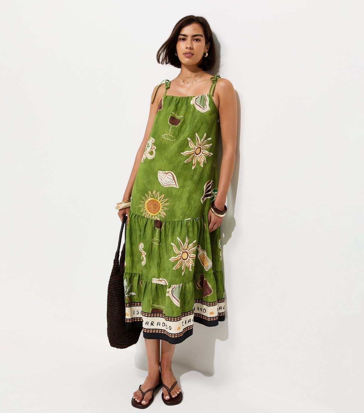 New Look Women's Green Border Print Tiered Midi Dress New Look