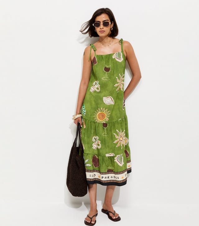New Look Women's Green Border Print Tiered Midi Dress New Look - 3