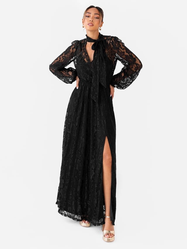 Maya Deluxe Maya Deluxe Women's Tie Neck Long Sleeve Lace Maxi Dress in Black - 2