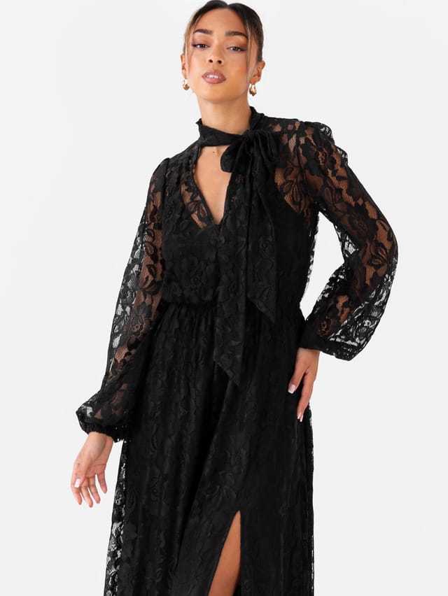 Maya Deluxe Maya Deluxe Women's Tie Neck Long Sleeve Lace Maxi Dress in Black - 3