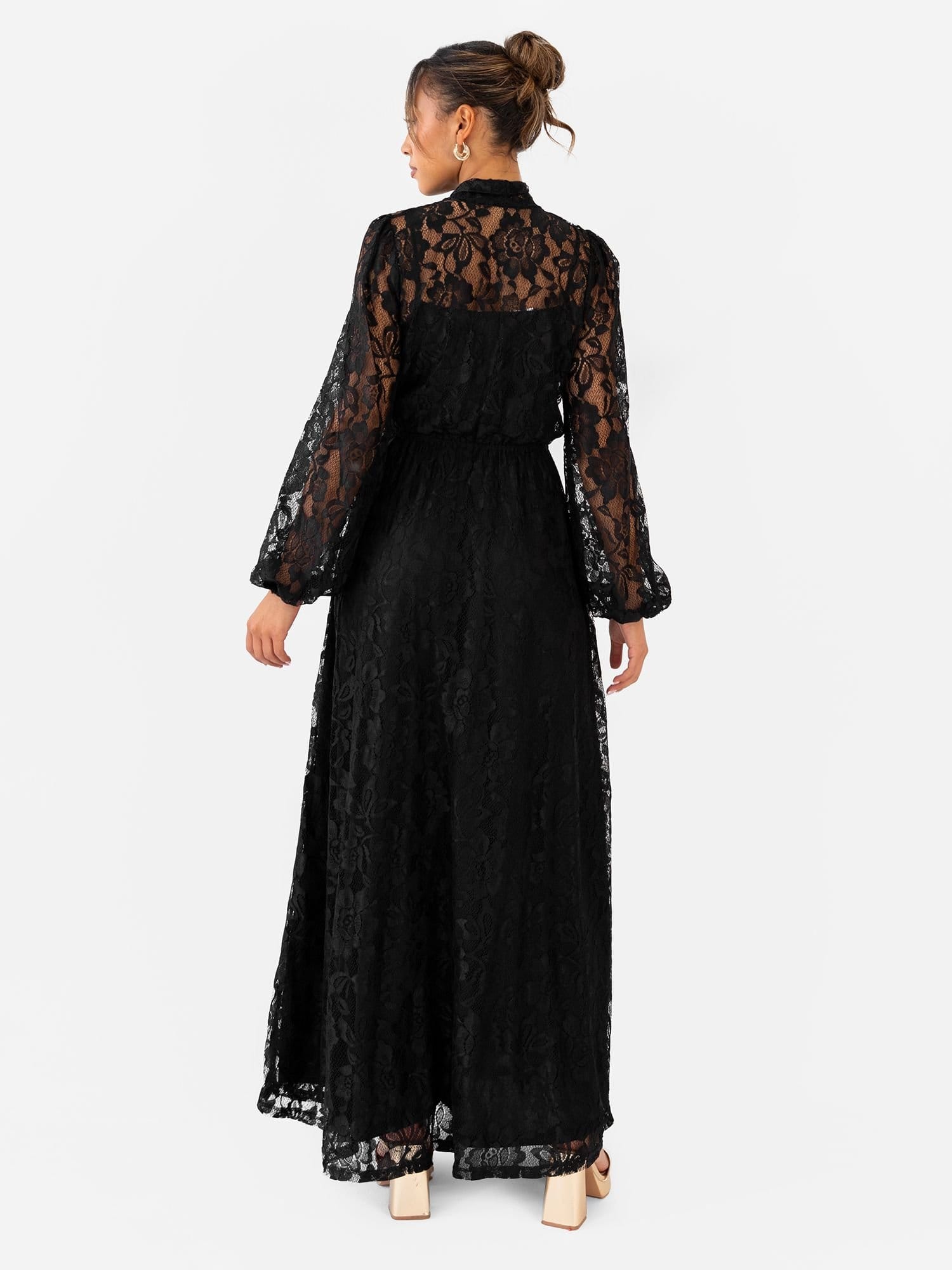 Maya Deluxe Maya Deluxe Women's Tie Neck Long Sleeve Lace Maxi Dress in Black - 4
