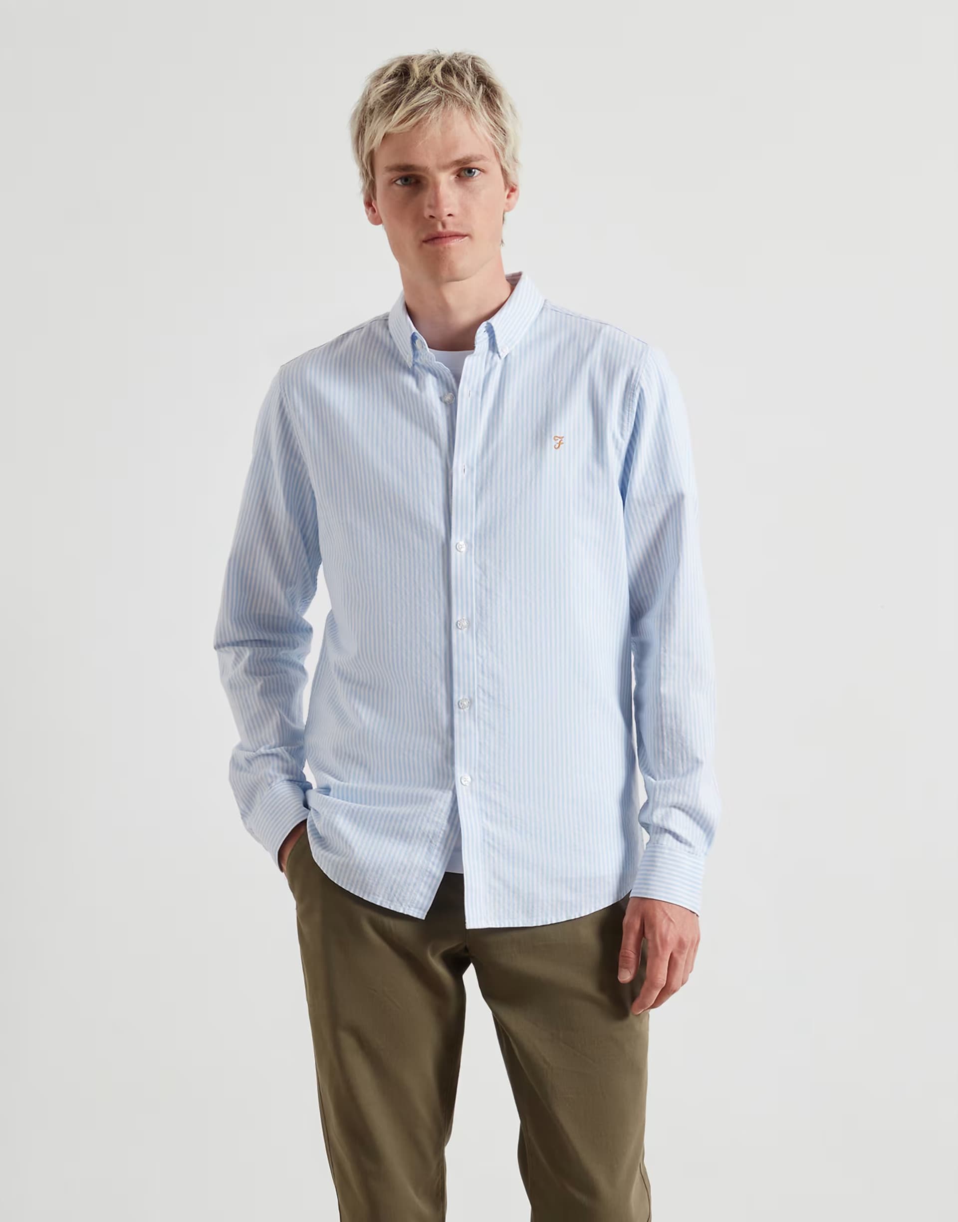 ASOS Farah brewer stripe long sleeve shirt in navy and white