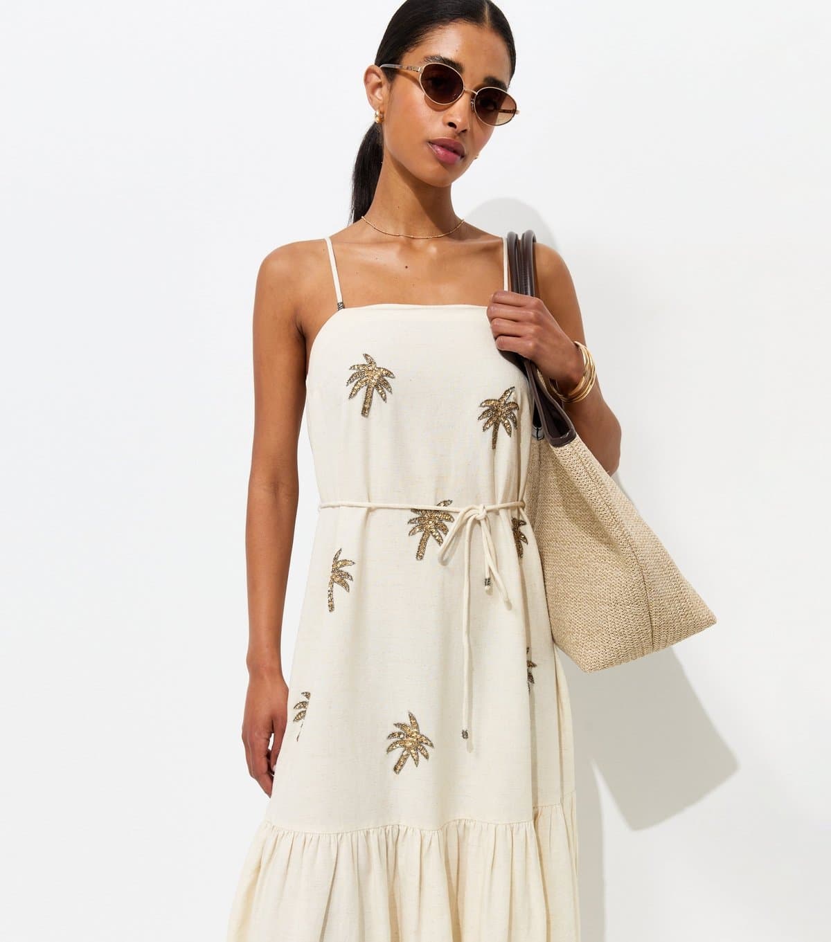 New Look Women's Cream With Cotton Palm Embroidered Belted Midi Dress New Look