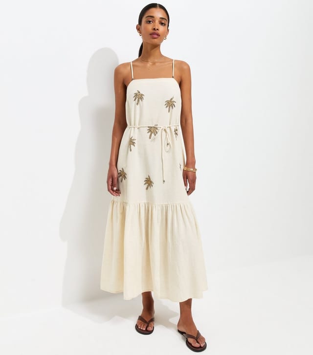 New Look Women's Cream With Cotton Palm Embroidered Belted Midi Dress New Look - 2