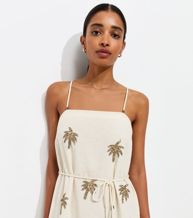 New Look Women's Cream With Cotton Palm Embroidered Belted Midi Dress New Look - 3