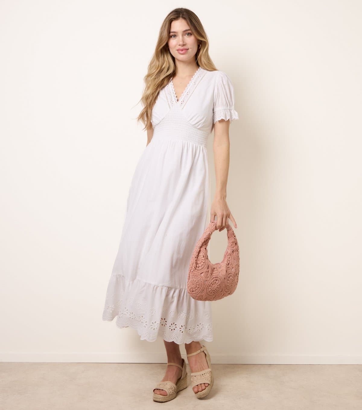Blue Vanilla Women's Off White Cotton Broderie Anglaise Midi Dress Blue Vanilla New Look