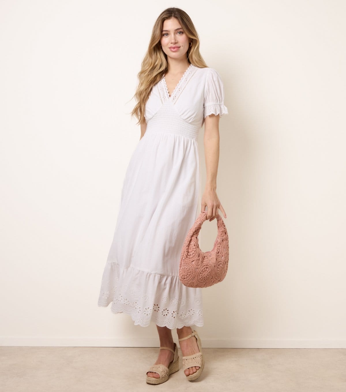 Blue Vanilla Off White Cotton Broderie Anglaise Midi Dress