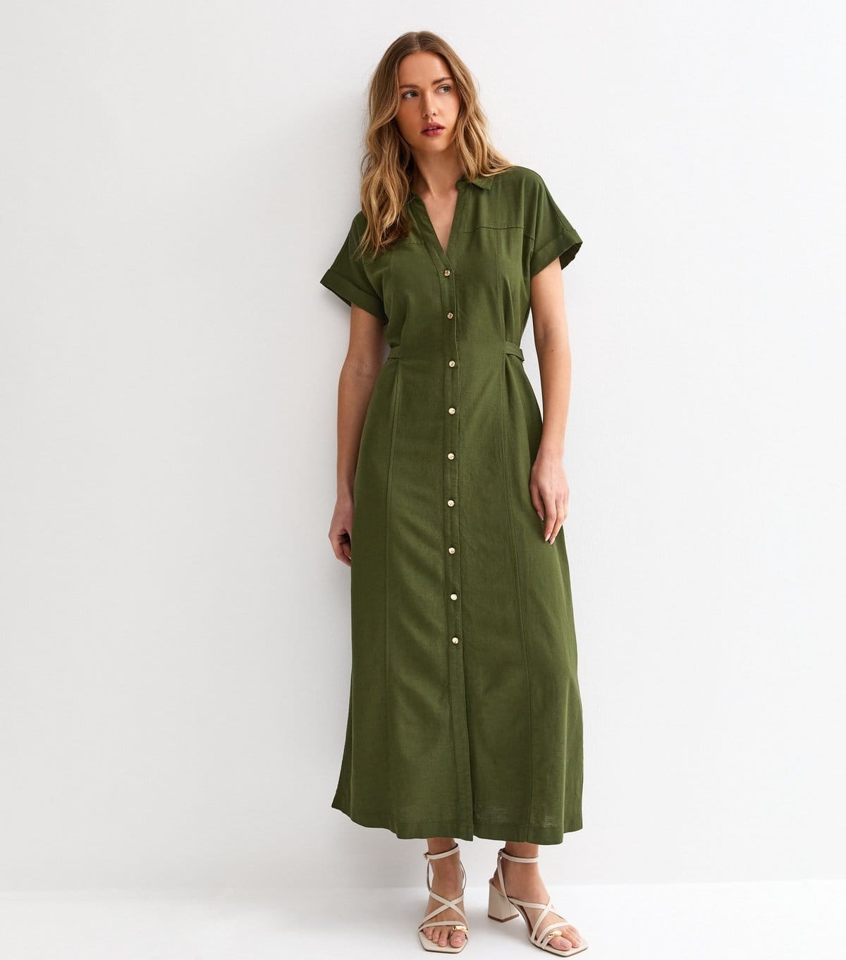 New Look Dark Khaki Linen Blend Midi Dress