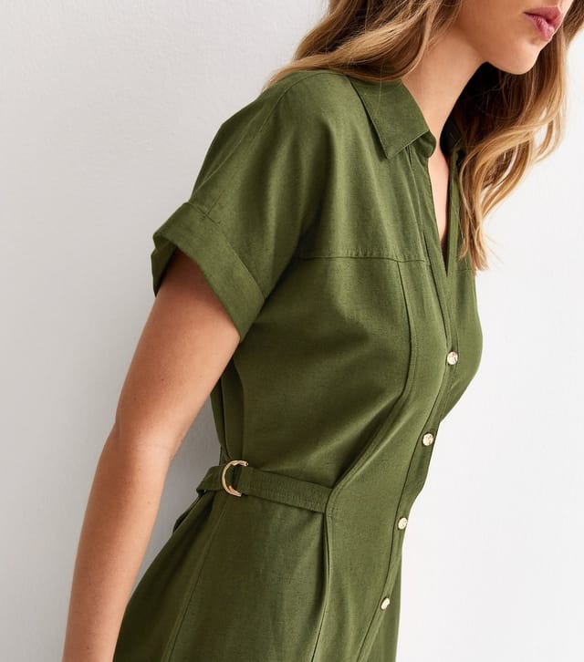 New Look Women's Dark Khaki Linen Blend Shirt Midi Dress New Look - 2
