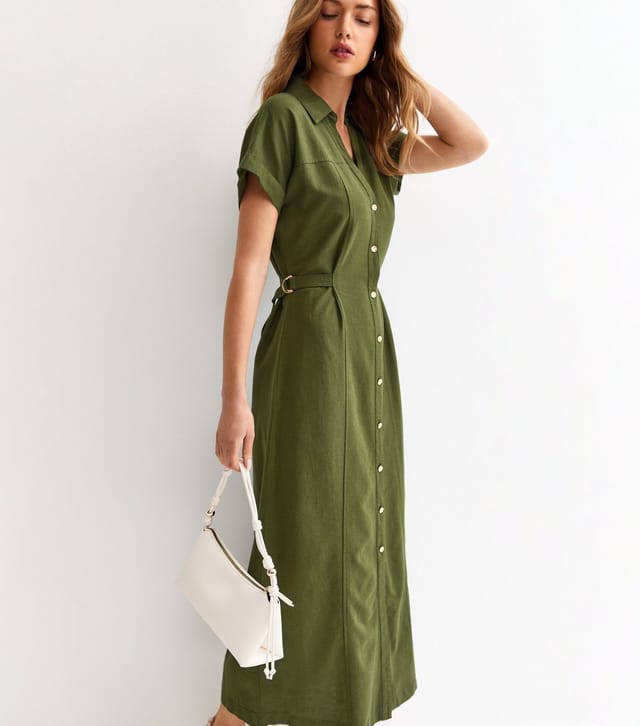 New Look Women's Dark Khaki Linen Blend Shirt Midi Dress New Look - 3