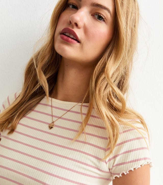 New Look Women's Cream Short Sleeve Ribbed Striped Print Baby Lock T-Shirt New Look - 2