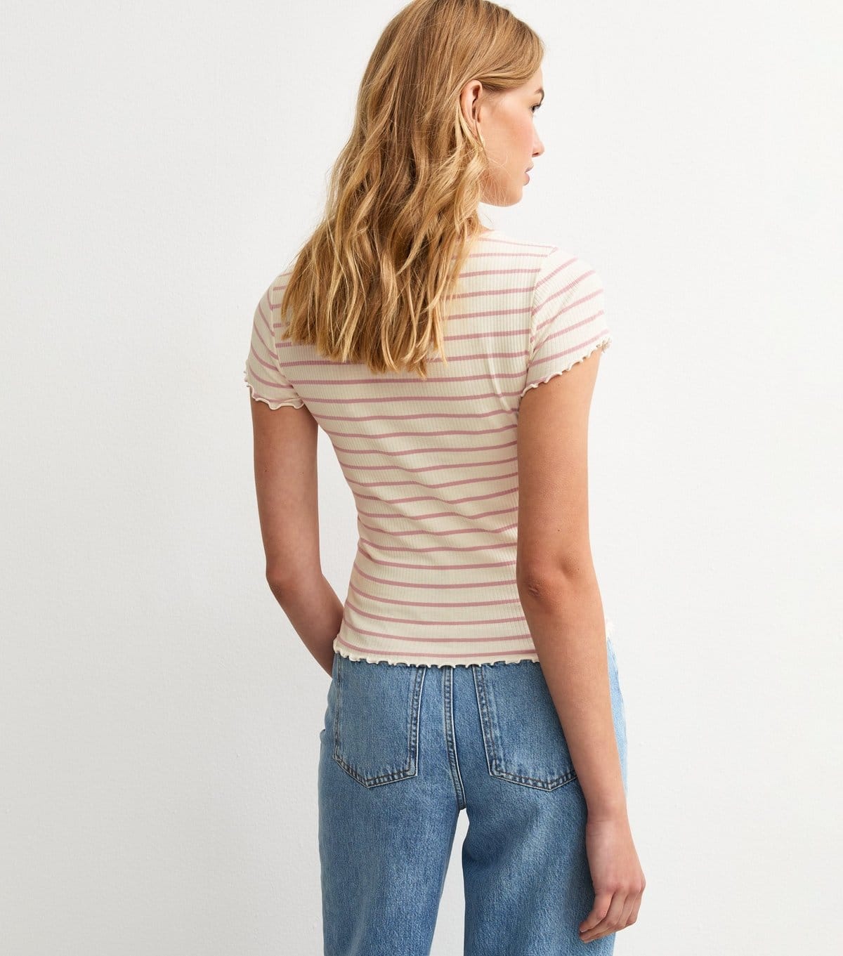 New Look Women's Cream Short Sleeve Ribbed Striped Print Baby Lock T-Shirt New Look - 4
