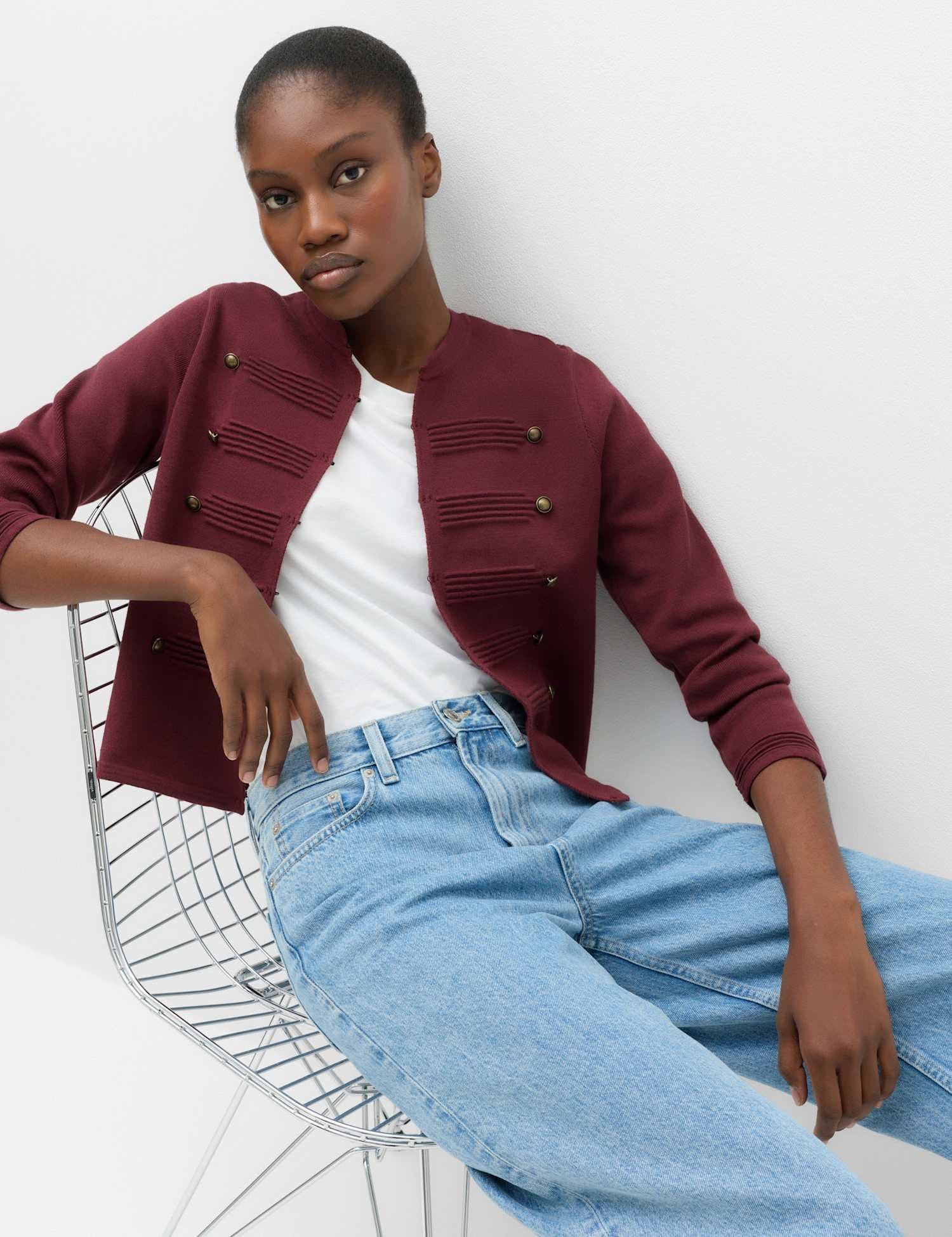 Marks & Spencer M&S Cotton Rich Button Detail Knitted Jacket Burgundy