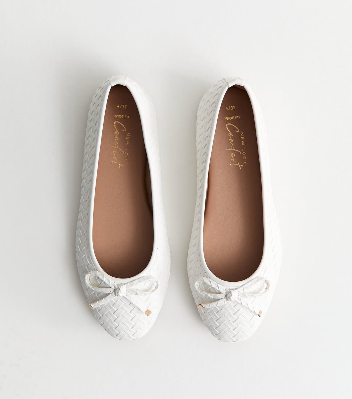 New Look Women's Wide Fit White Faux Leather Woven Ballet Pumps Vegan New Look