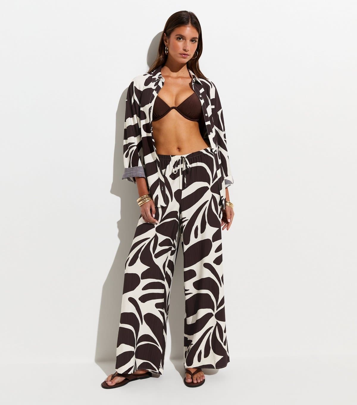 New Look Women's Brown Leaf Print Chiffon Beach Trousers New Look
