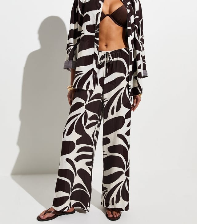 New Look Women's Brown Leaf Print Chiffon Beach Trousers New Look - 3