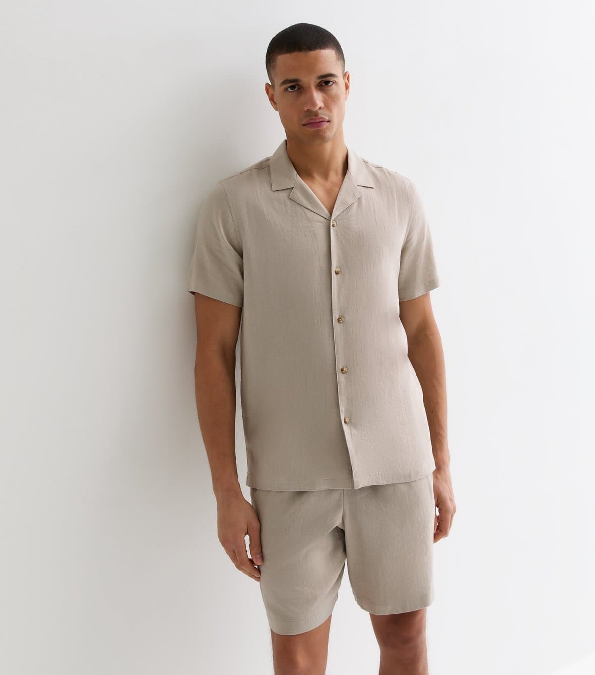 New Look Men's Stone Linen Blend Short Sleeve Shirt New Look