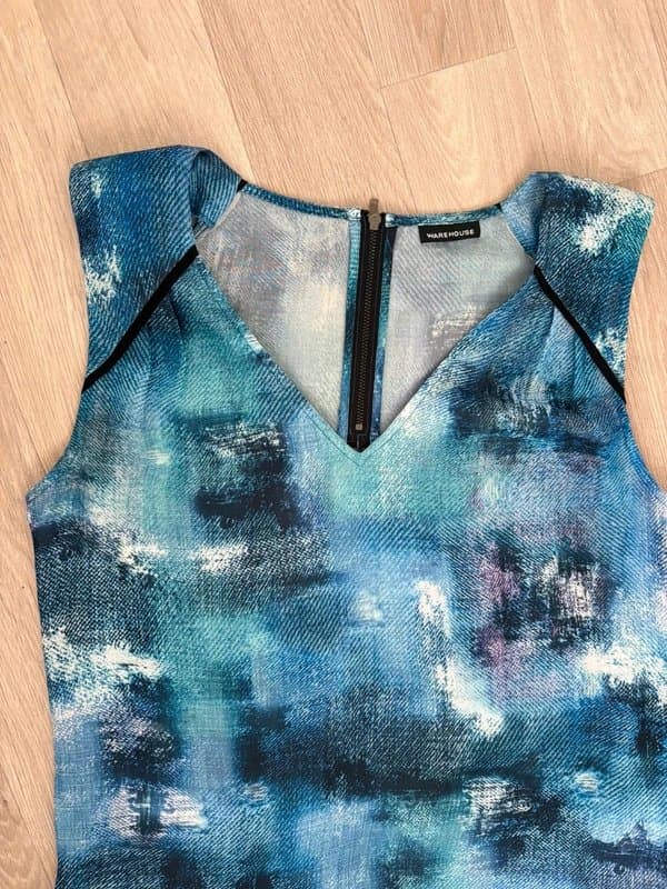 Warehouse Warehouse Y2K Blue Abstract Print Sleeveless Zip Neck Top UK medium