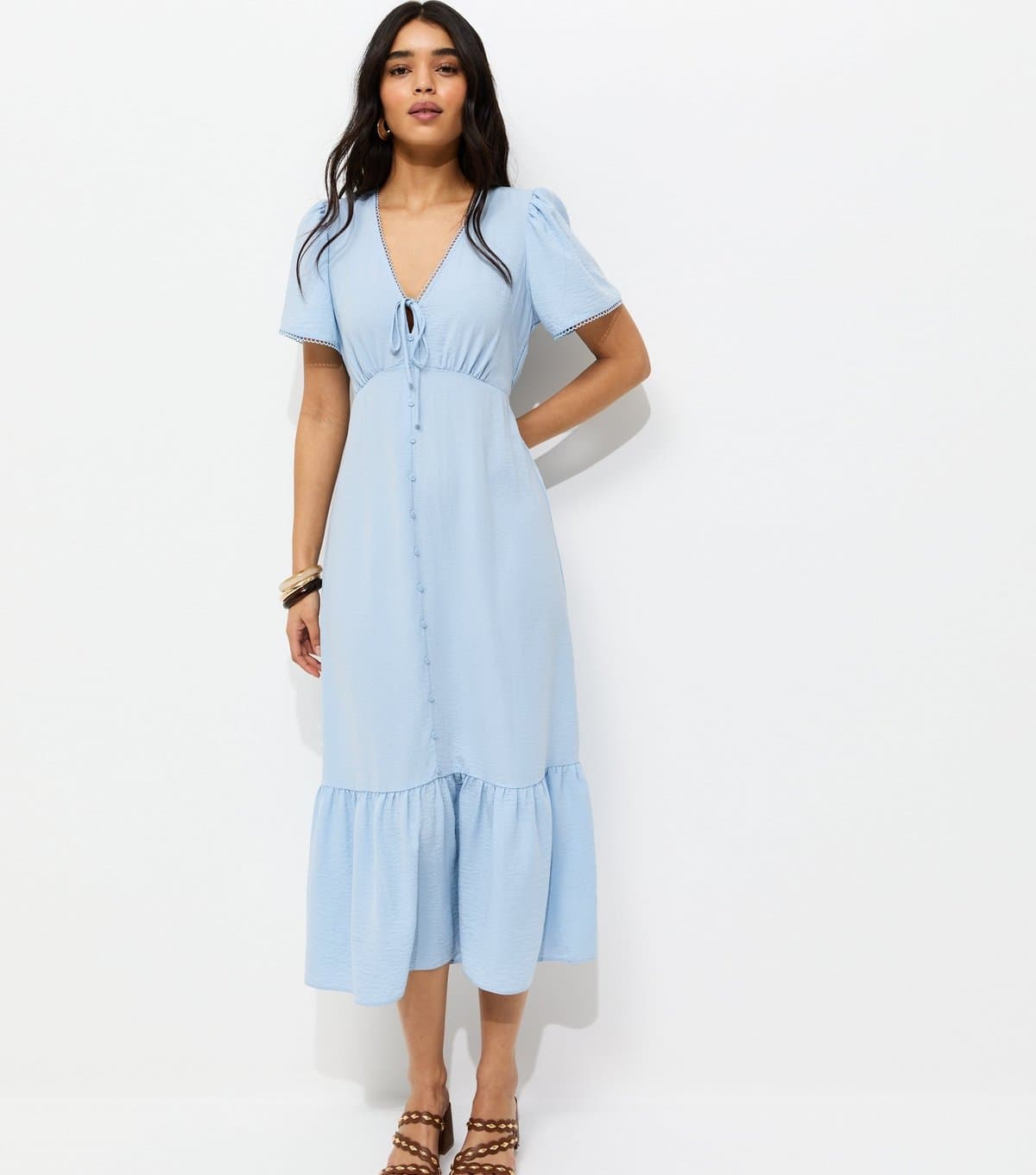 New Look Women's Light Blue Button Through Tea Midi Dress New Look