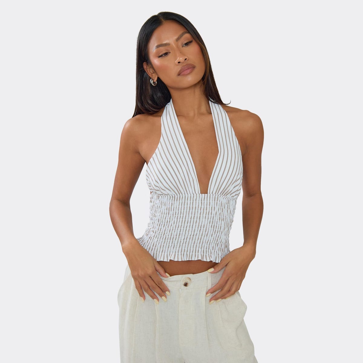 EGO Plunge Halterneck Shirred Waist Top In Stone Pinstripe, Women's Size UK 6 - 1