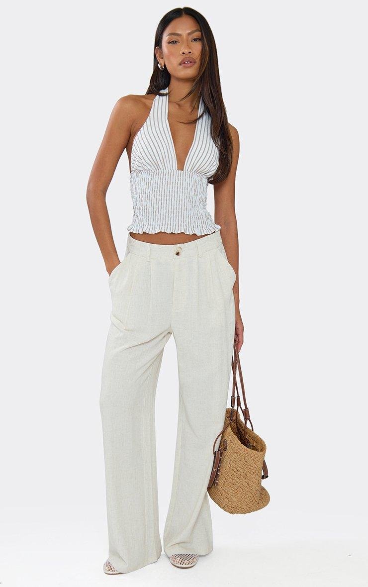 EGO Plunge Halterneck Shirred Waist Top In Stone Pinstripe, Women's Size UK 6 - 2