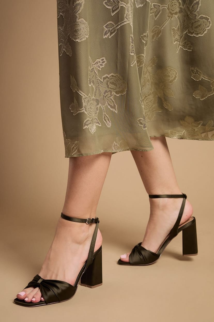 Oasis Oasis Women's Midyim Satin Ruched Front High Block Heel Sandals in Olive - 1