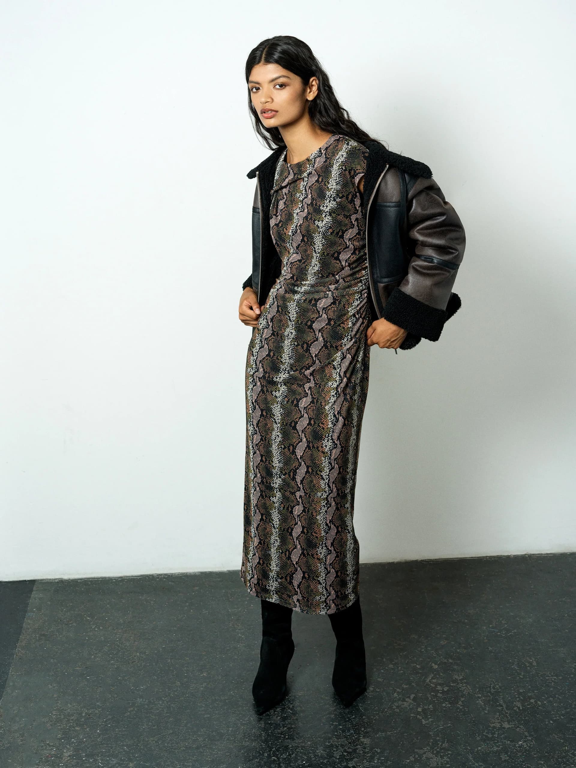 French Connection Lola Snakeskin Ruched Mesh Midi Dress Black Multi Printed