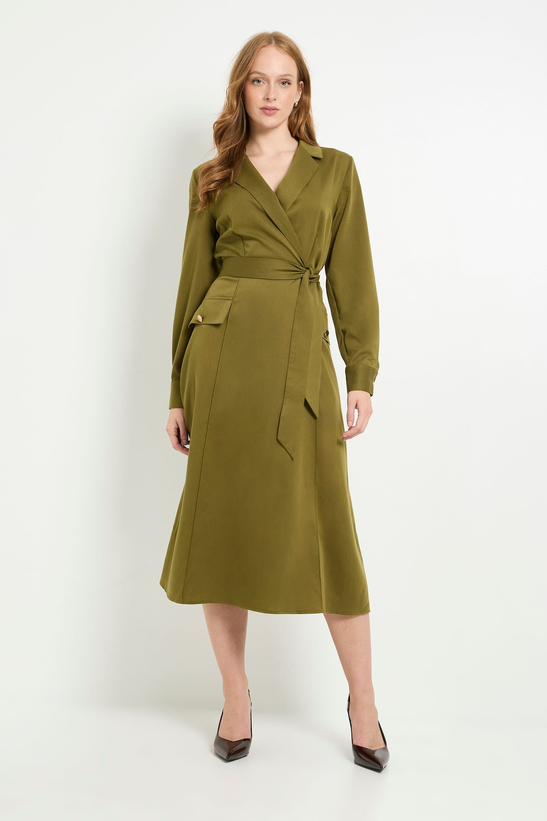 Principles Principles Women's Collar Detail Pocket Midi Dress in Khaki