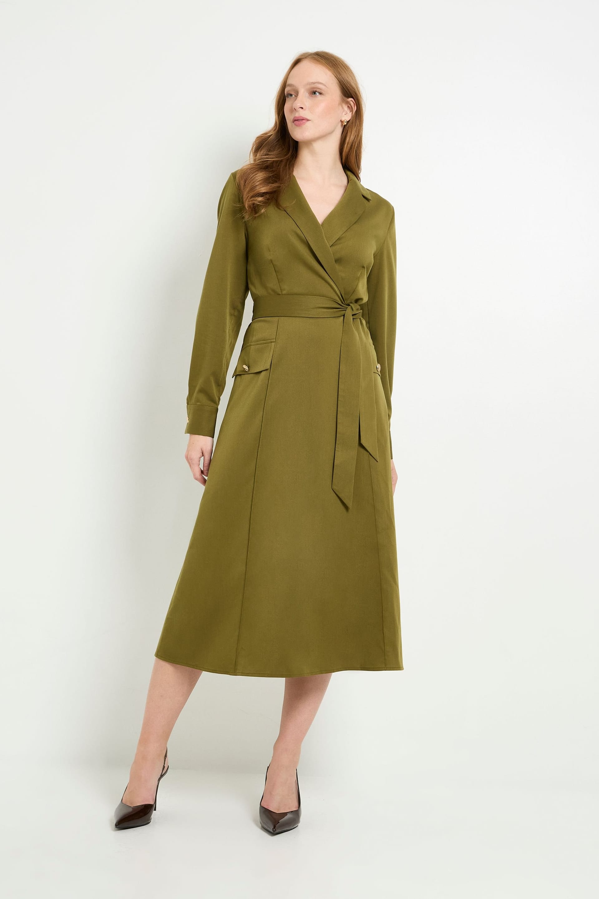 Principles Principles Women's Collar Detail Pocket Midi Dress in Khaki - 4