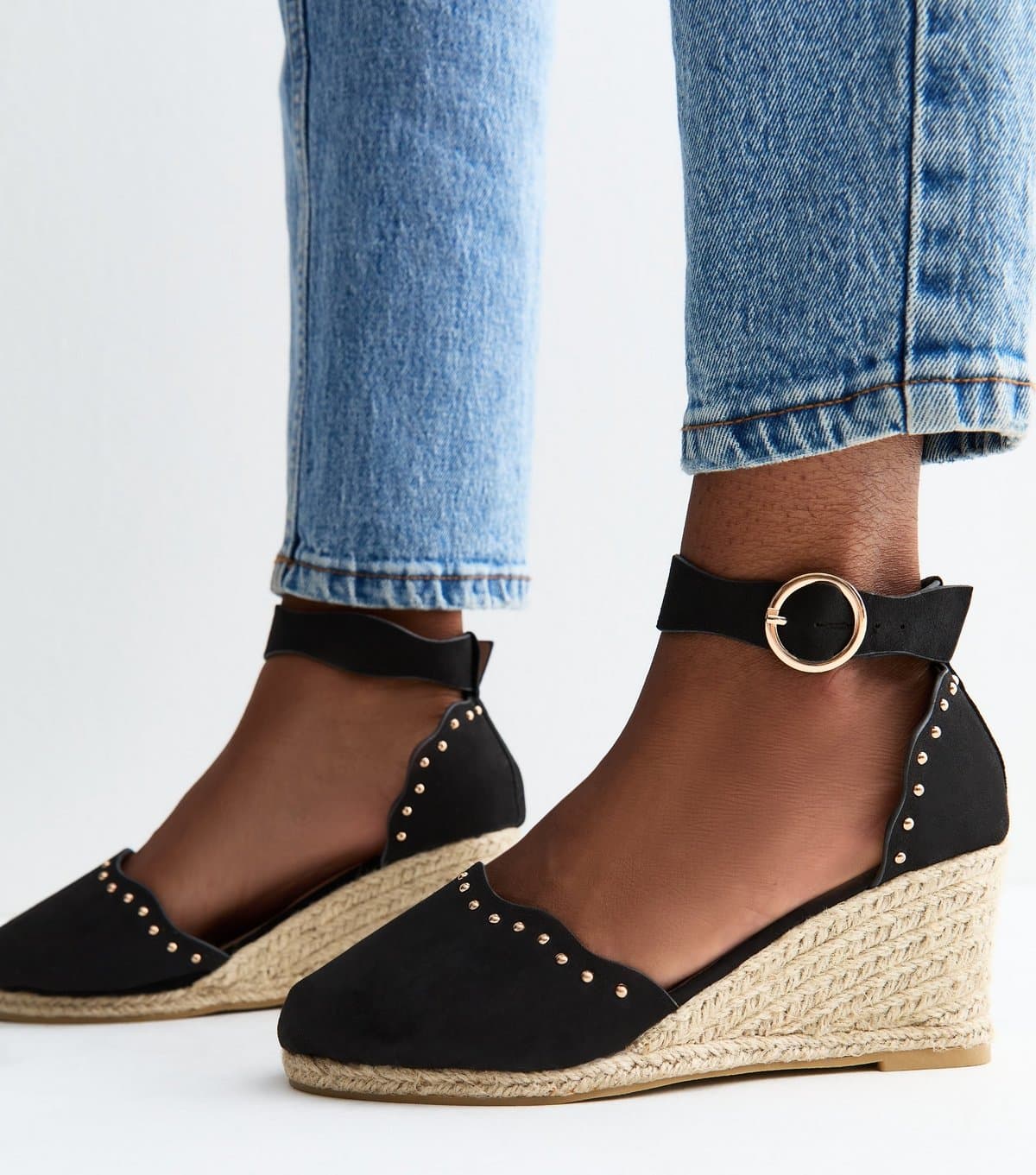 New Look Women's Wide Fit Black Faux Suede Studded Scallop Trim Espadrille Wedges Vegan New Look